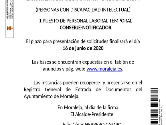 CONVOCATORIA DE PROCESO SELECTIVO PARA LA CONTRATACIÓN DE PERSONAL AL AMPARO DEL PLAN EXTRAORDINARIO DE DIPUTACIÓN “INTEGRA III 2020”.